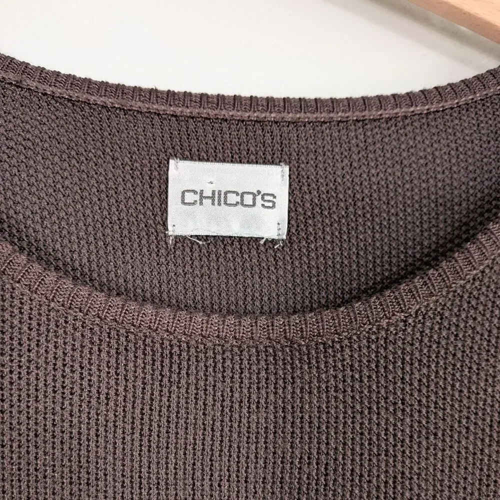 Chicos Open Knit Sweater L Brown Pullover 90s Neutral Classic Work Office Layer